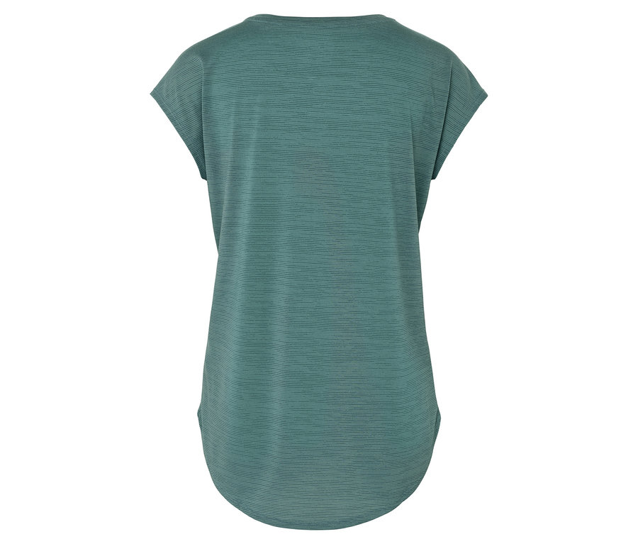 Vue arrière d'un t-shirt pétrole à rayures horizontales.