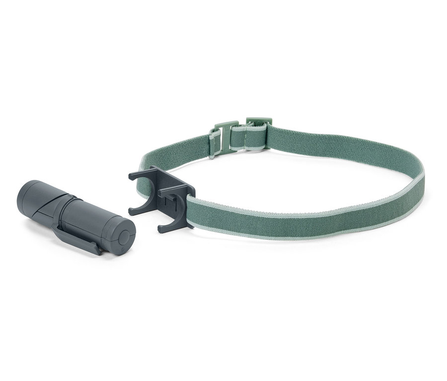 Lampe multifonction LED 2-en-1 grise avec un bandeau élastique vert.