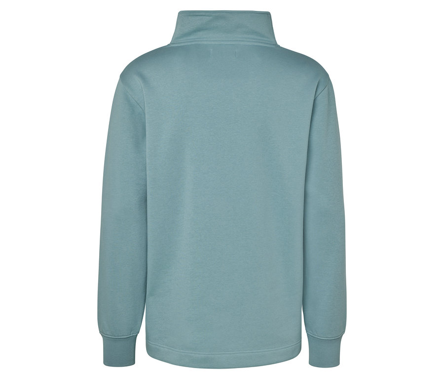 Vue arrière d'un sweat-shirt bleu clair avec fermeture éclair au niveau du col.