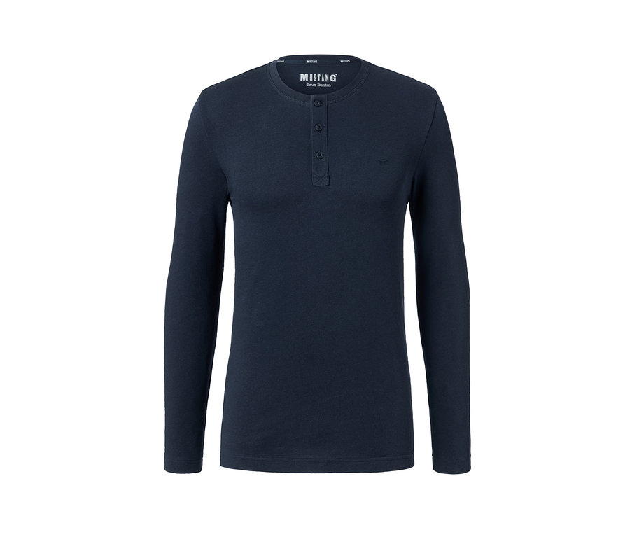 Henley « Mustang » bleu foncé à manches longues et boutons.