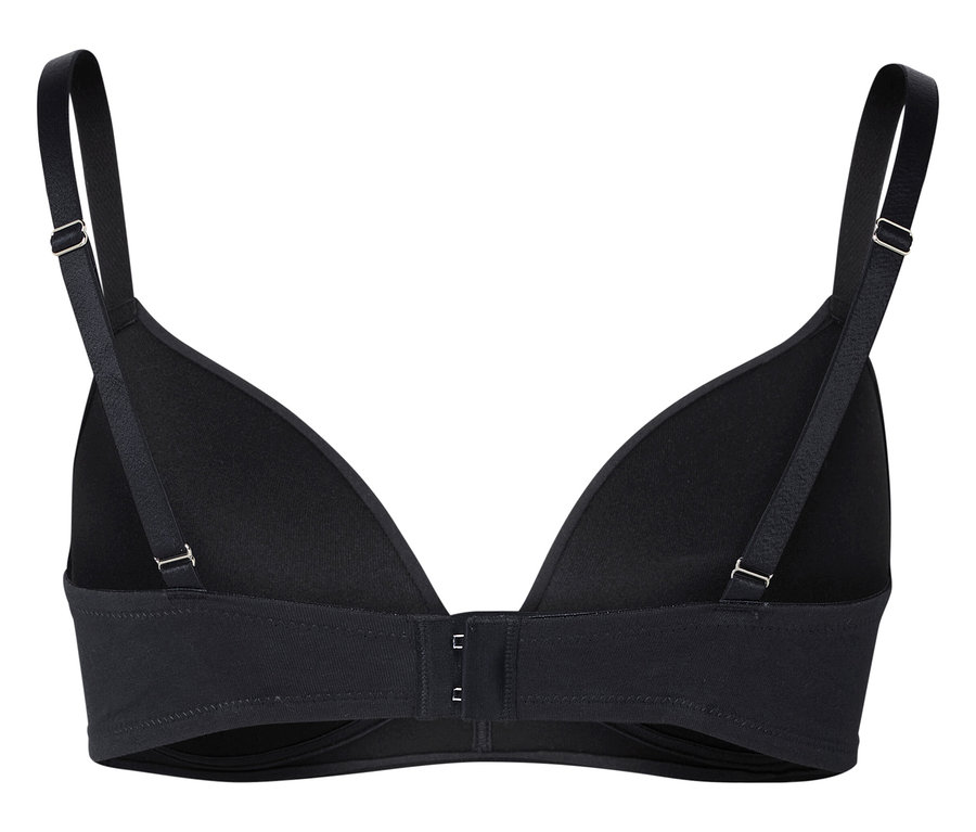 Soutien-gorge noir avec bretelles réglables et fermeture à agrafes.