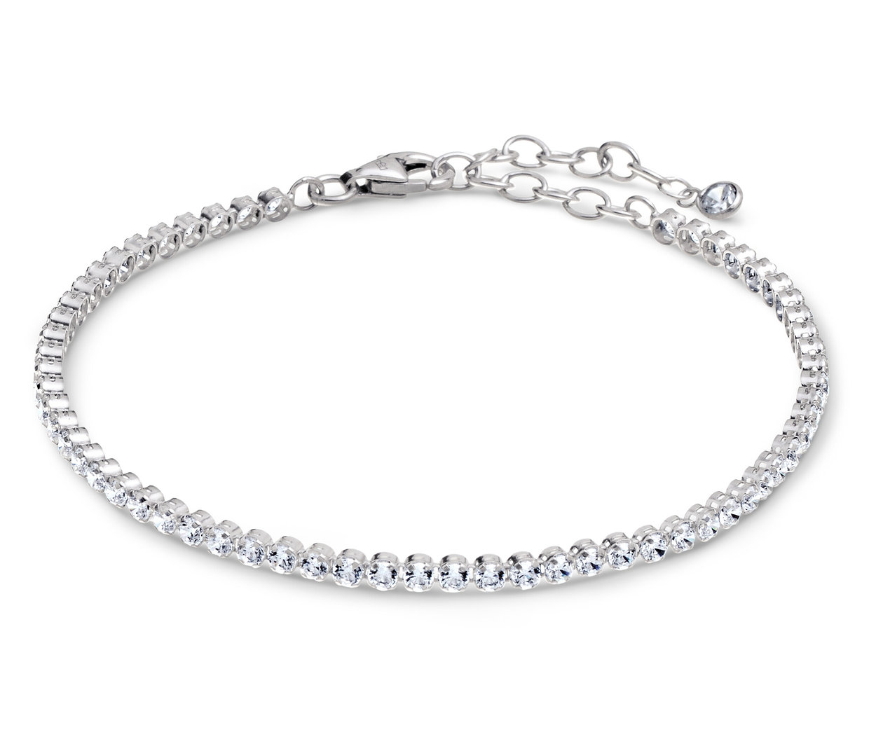 Bracelet argenté serti de petites pierres claires sur fond blanc.