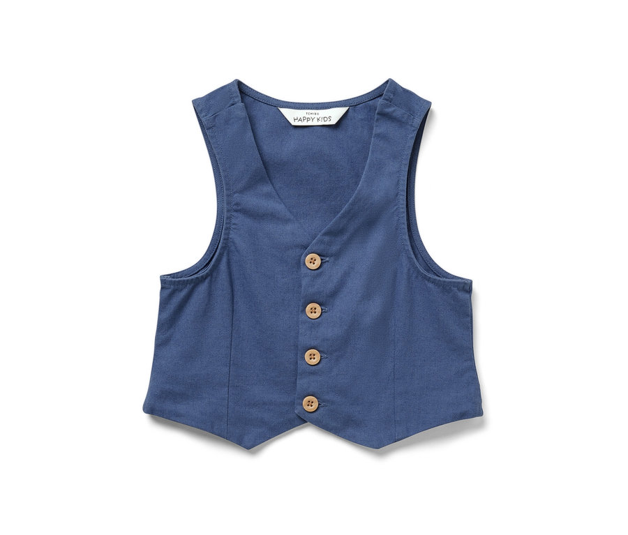 Un gilet bleu pour enfant avec des boutons.