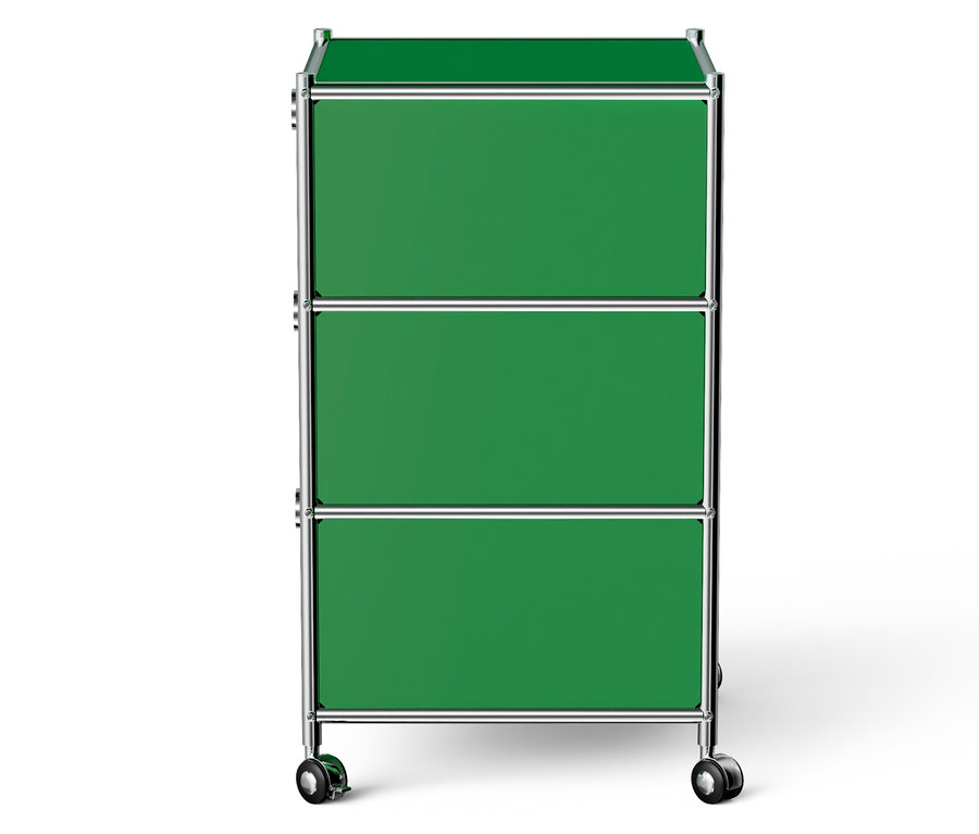 Caisson mobile vert avec trois tiroirs et cadre chromé.