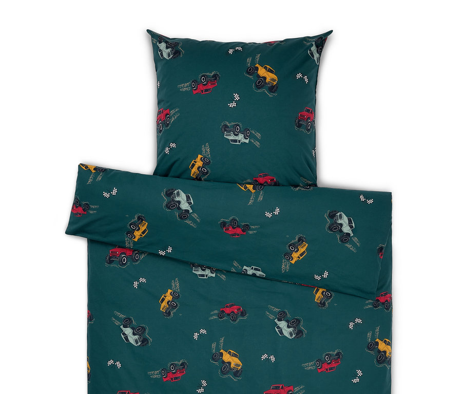 Parure de lit enfant en renforcé verte avec motif de voitures.