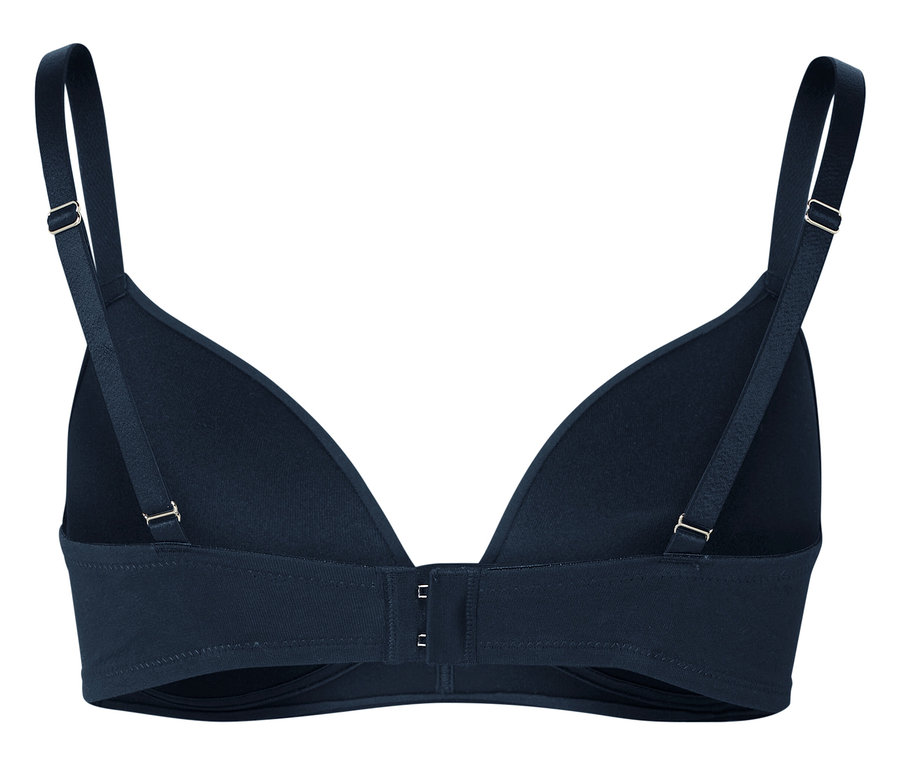 Vue détaillée de l'arrière d'un soutien-gorge bleu foncé avec bretelles réglables et fermeture à agrafes.