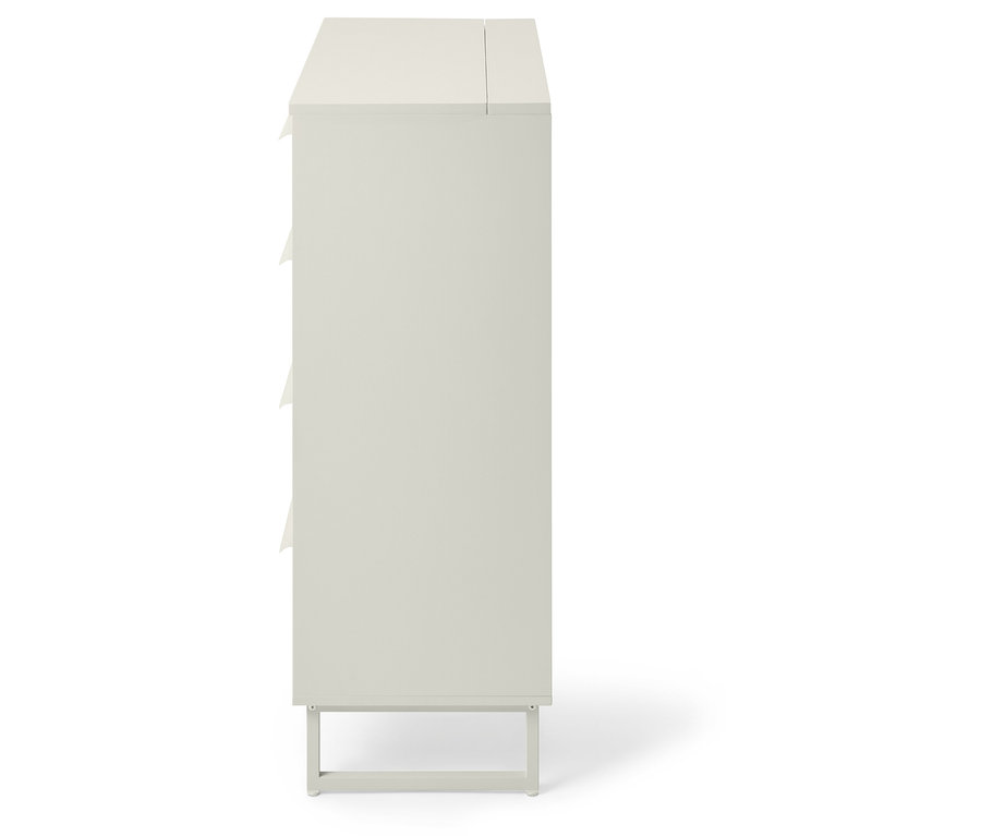 Commode à linge blanche avec tiroirs étroits et pieds en métal.