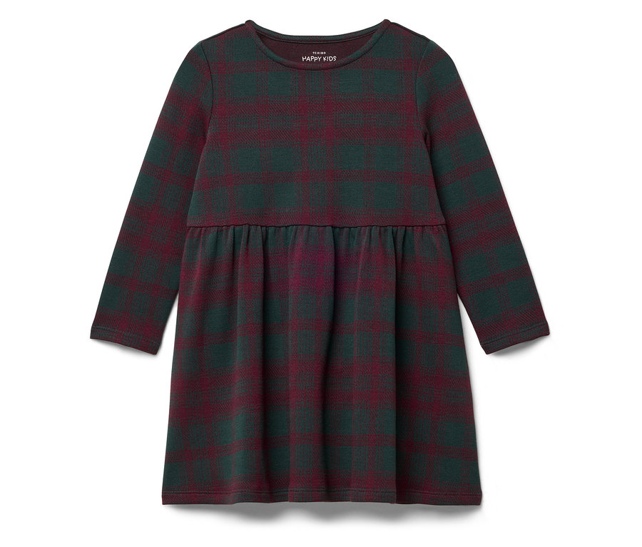 Robe à carreaux à manches longues dans les tons vert et bordeaux.