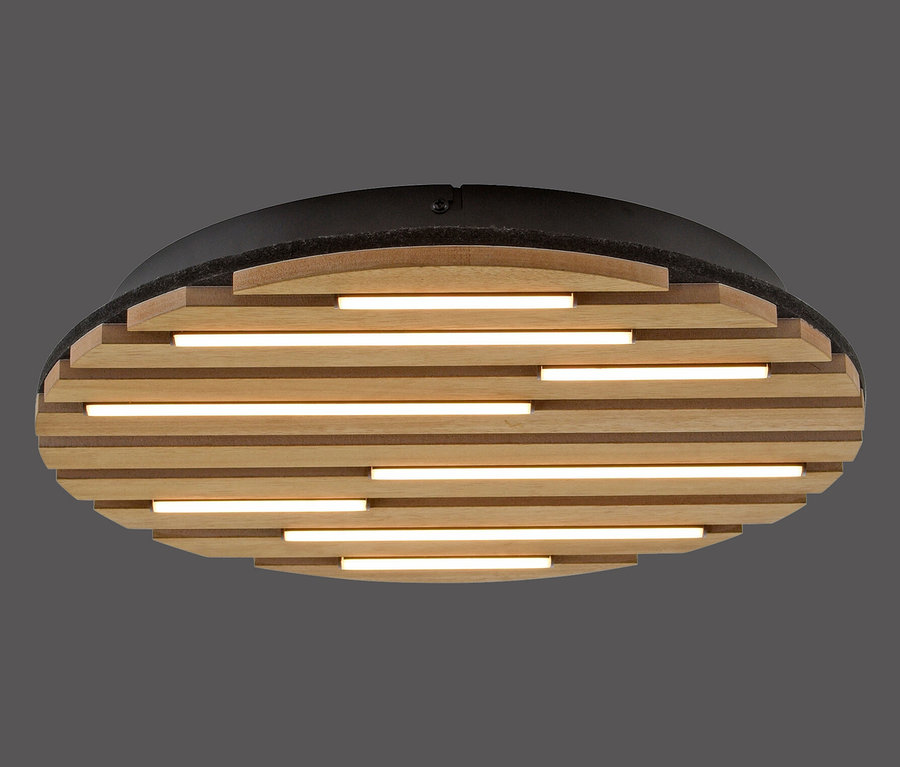 Plafonnier ovale avec des lamelles en bois et des tubes lumineux intégrés.