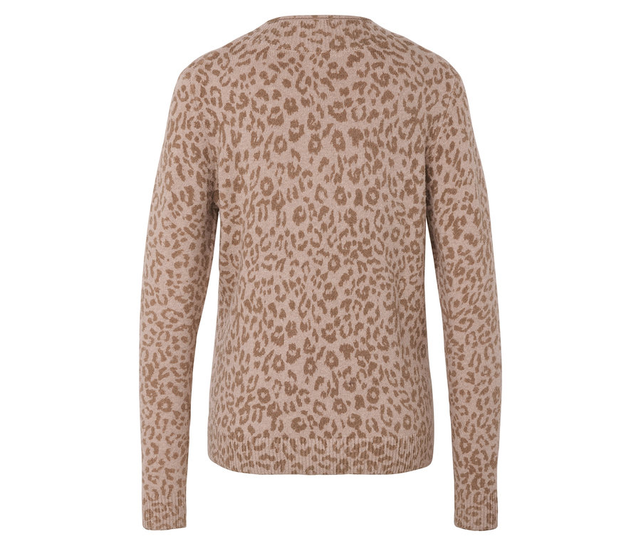 Vue arrière d'un pull beige à motif léopard.