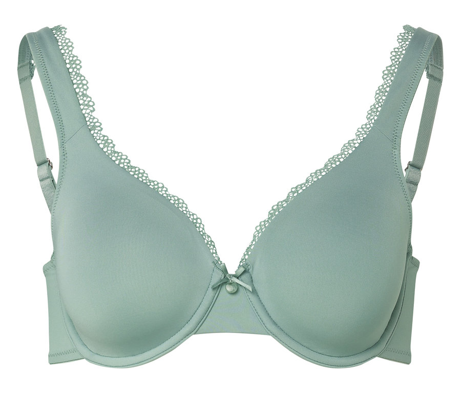 Gros plan d'un soutien-gorge vert menthe à armatures avec bordure en dentelle.