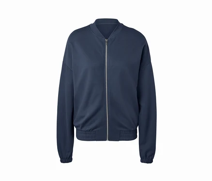 Veste en sweat bleu marine avec fermeture éclair au centre.