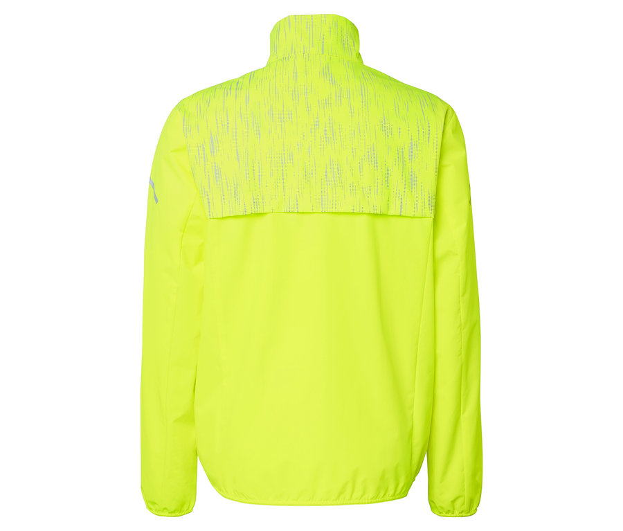 Vue arrière d'une veste jaune néon avec des détails réfléchissants sur le haut du dos.