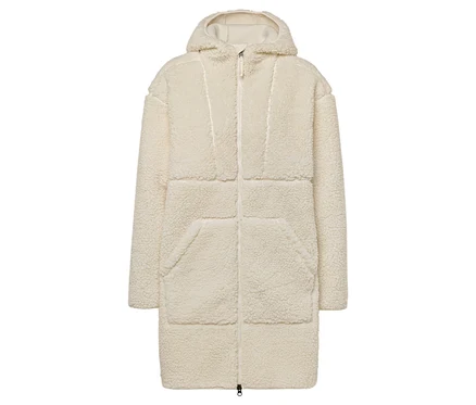 Manteau mi-long beige en teddy avec capuche et fermeture éclair.