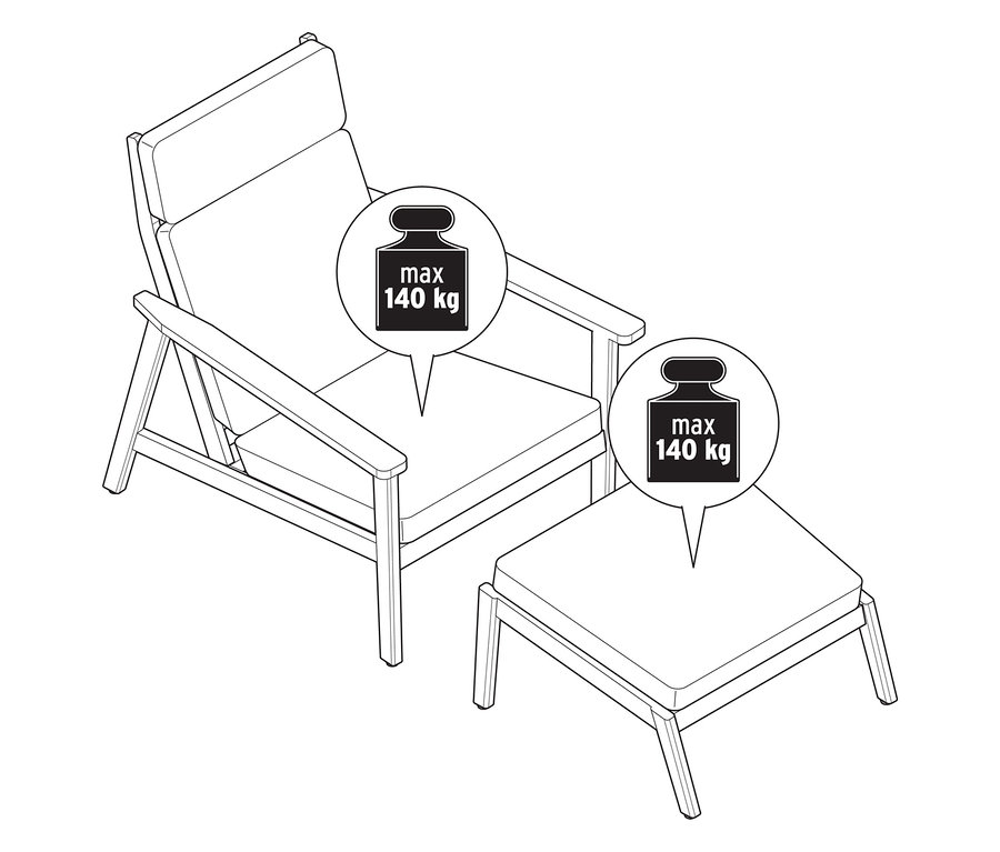 Illustration d'un fauteuil de jardin confortable avec dossier haut et repose-pieds. Le poids maximal est de 140 kg.
