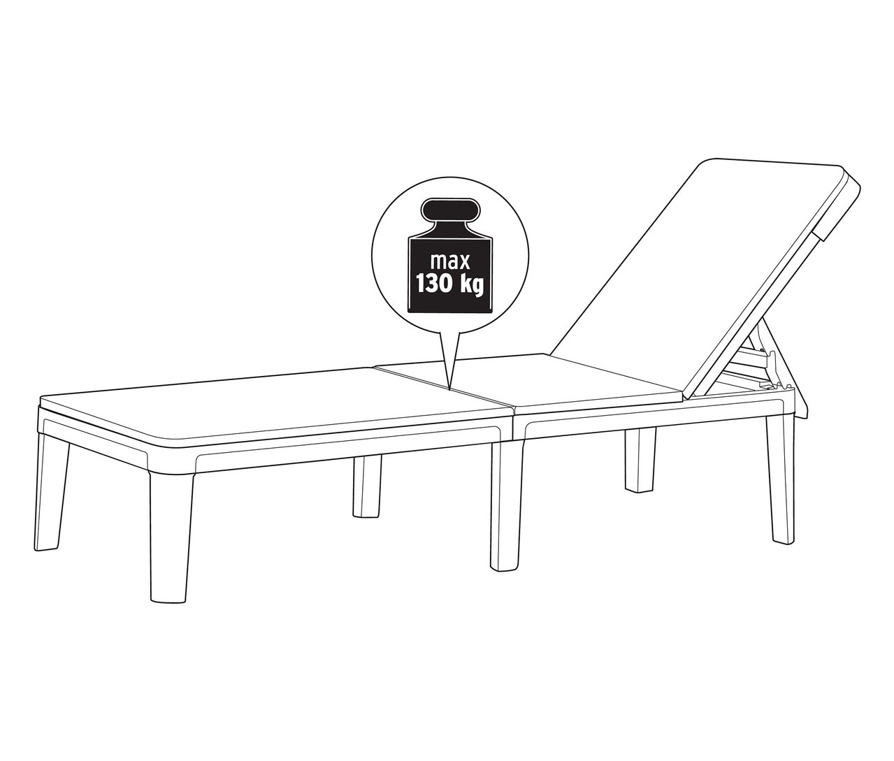 Schéma d'une chaise longue avec une capacité de charge maximale de 130 kg.