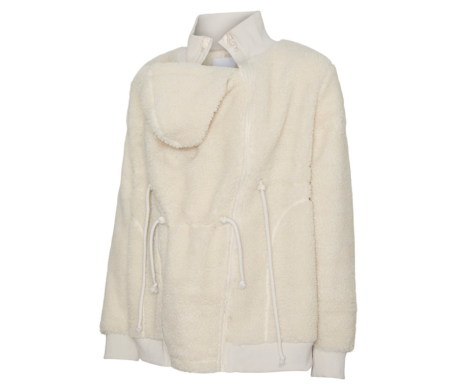 La MAMALICIOUS MLCARLY 3IN1 TEDDY JACKET est une veste duveteuse de couleur crème avec une capuche et un cordon de serrage à la taille.