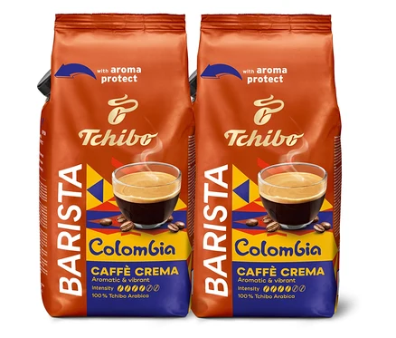 Deux paquets de café Tchibo Barista Colombia Caffè Crema, aromatique et vibrant, avec protection de l'arôme.