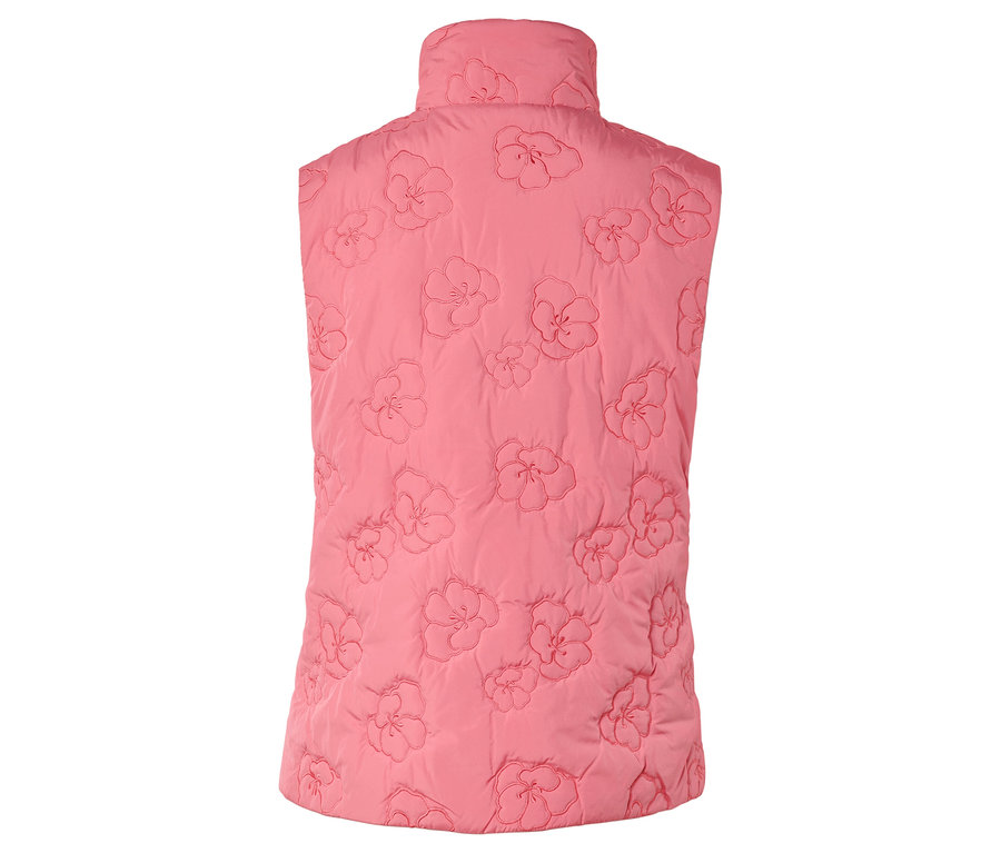 Veste sans manches rose matelassée à motifs floraux.