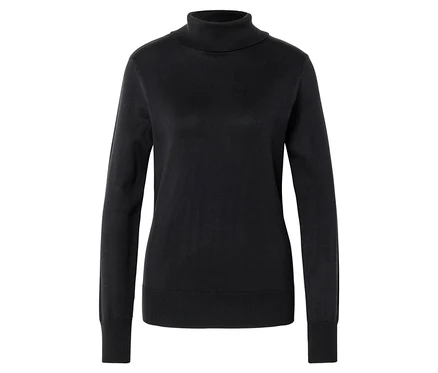 Pull noir à col roulé et manches longues posé sur un fond blanc.