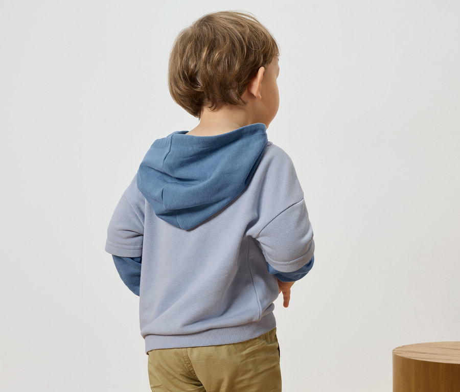 Vue arrière d'un enfant aux cheveux blonds vêtu d'un sweat à capuche bleu-gris et d'un pantalon.