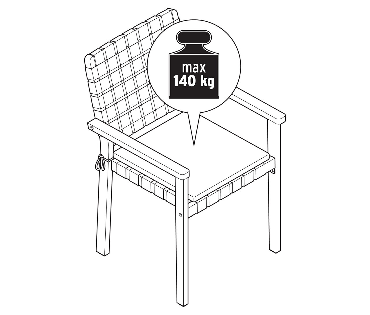 Illustration d'une chaise de jardin empilable avec ceinture tressée pouvant supporter un poids maximal de 140 kg.