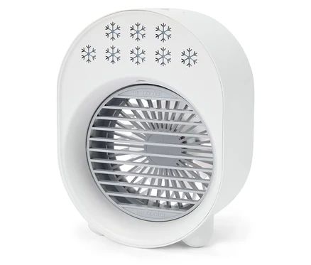 Refroidisseur d'air blanc et rond avec motif de flocons de neige sur fond blanc.