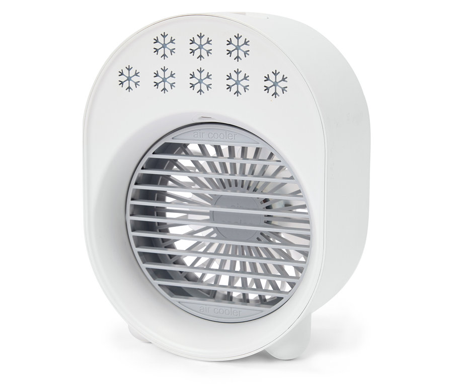 Refroidisseur d'air blanc et rond avec motif de flocons de neige sur fond blanc.