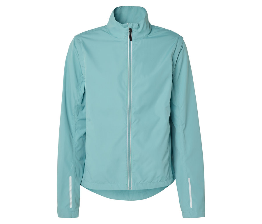 Une veste de course longue bleu clair avec une fermeture éclair sur le devant est visible sur un fond blanc.