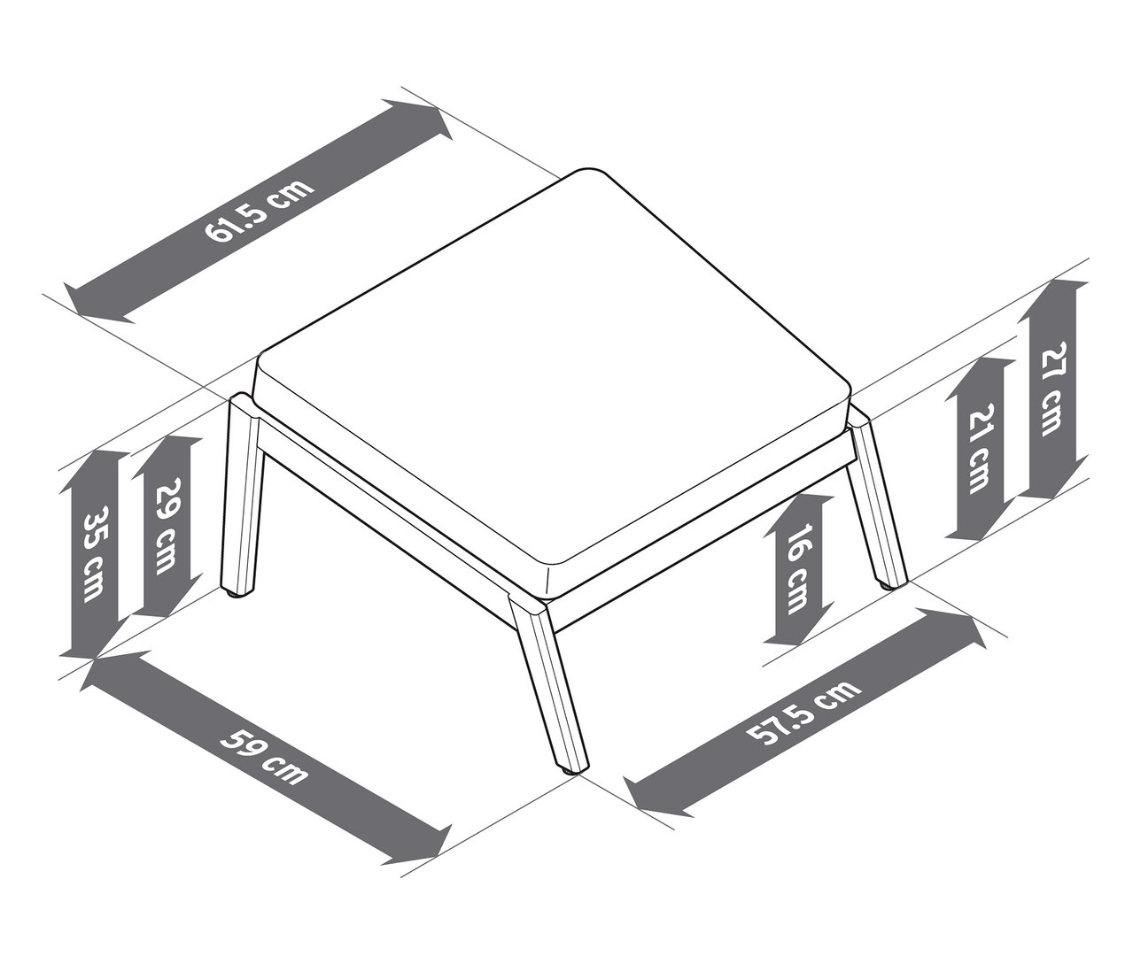 Illustration d'un fauteuil de jardin confortable avec dossier haut et repose-pieds, avec les dimensions.