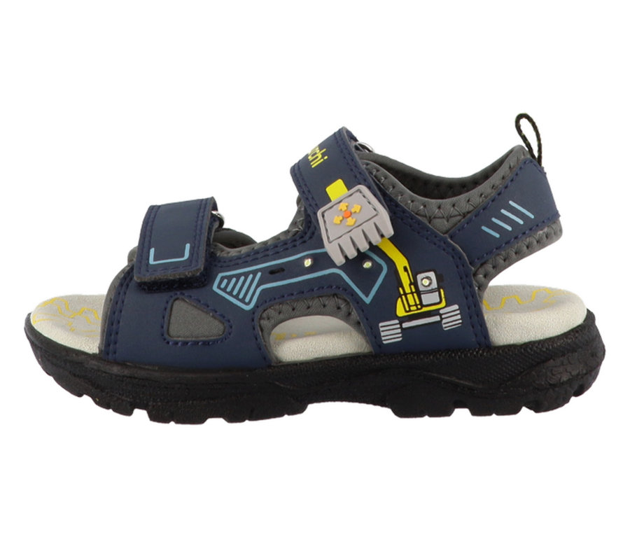 Sandale pour garçon LURCHI Kodo bleu marine avec motif pelleteuse jaune et accents gris.