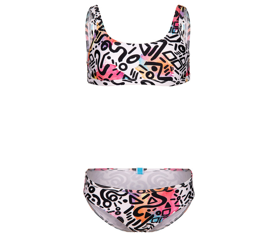 Bikini blanc avec motif abstrait en noir, rose, orange et bleu.