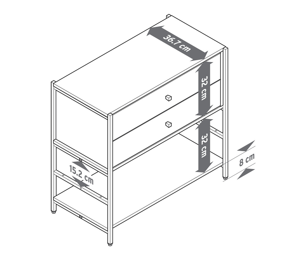 Vue de dessus d'une commode « GRADE » avec deux tiroirs et les dimensions suivantes : 36,7 cm de largeur, 32 cm de hauteur des tiroirs, 15,2 cm de hauteur de l'étagère et 8 cm de hauteur des pieds.