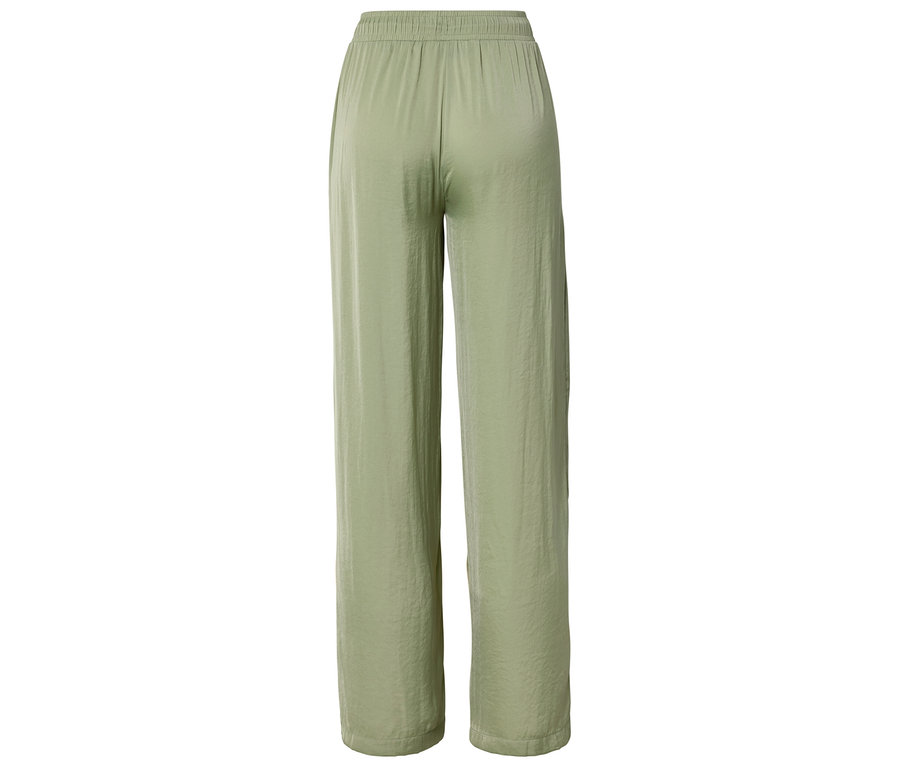Vue arrière d'un pantalon vert clair à jambes larges et taille élastique.