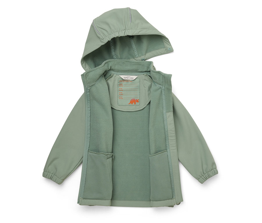 Veste d'enfant ouverte vert clair avec capuche, doublure polaire et étiquette de nom avec motif de dinosaure.