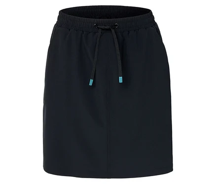 Une jupe noire avec un cordon de serrage et des accents turquoise.