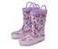 Paire de bottes de pluie violettes à motifs floraux sur fond blanc.