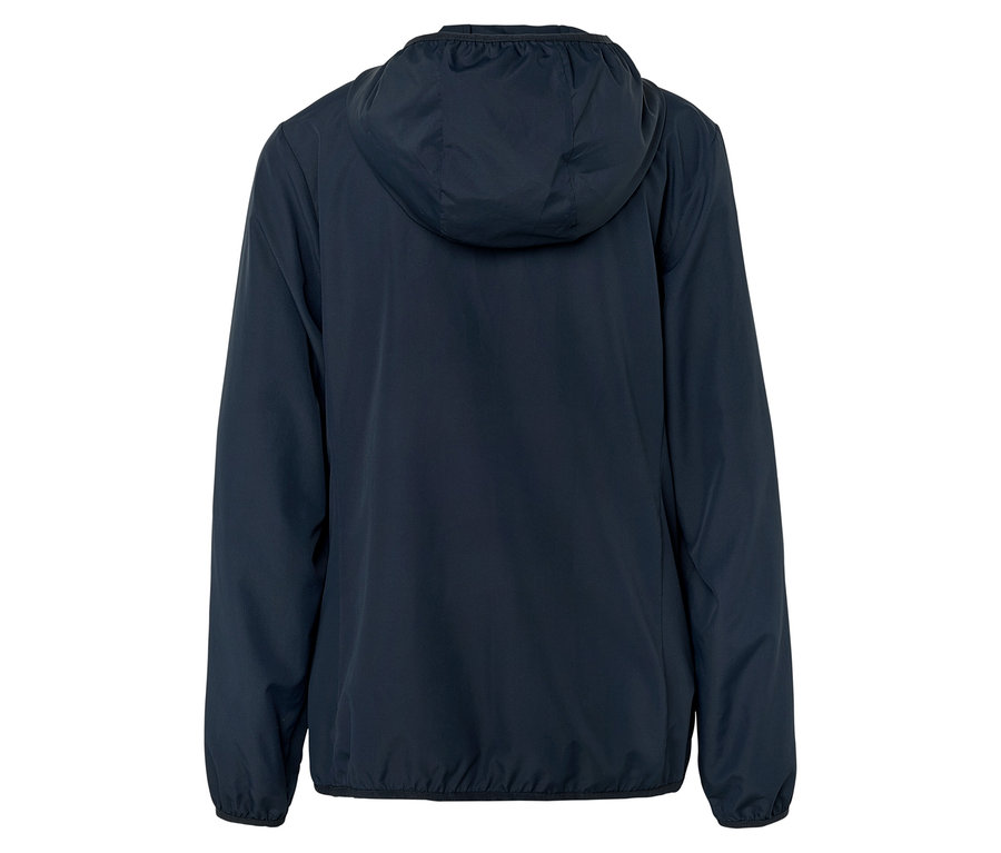 Vue arrière d'une veste bleu marine à capuche.