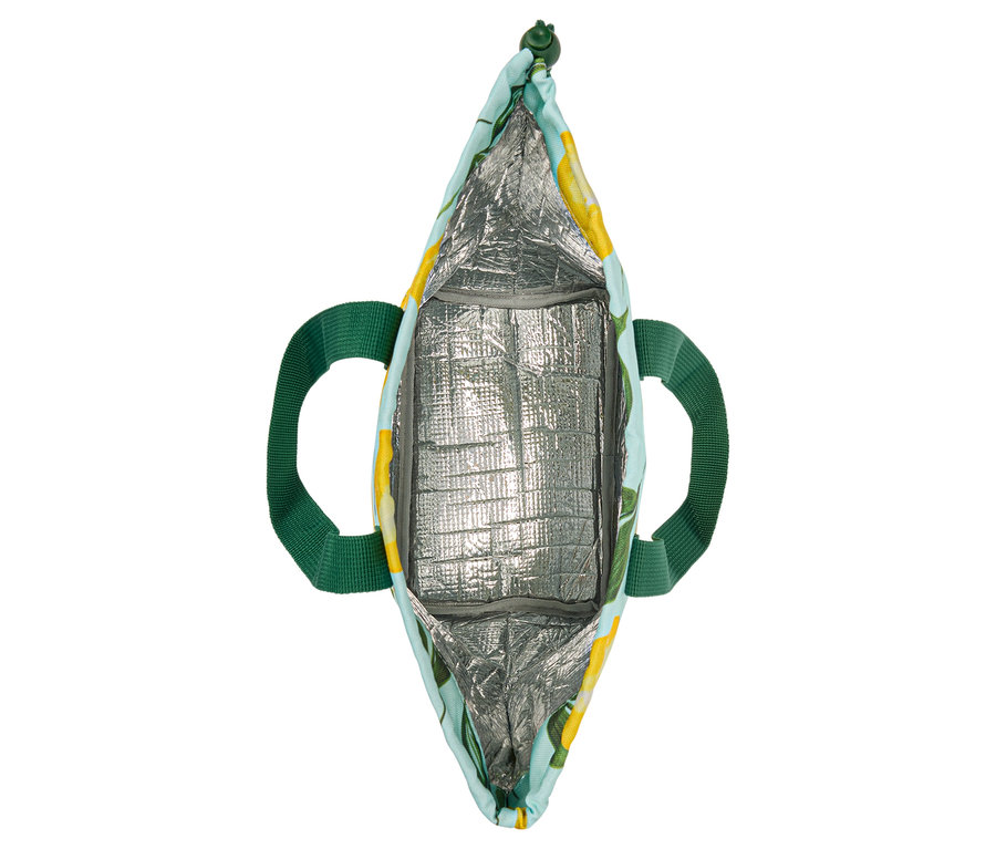 Sac isotherme ouvert à motif citron avec anses vertes, intérieur argenté