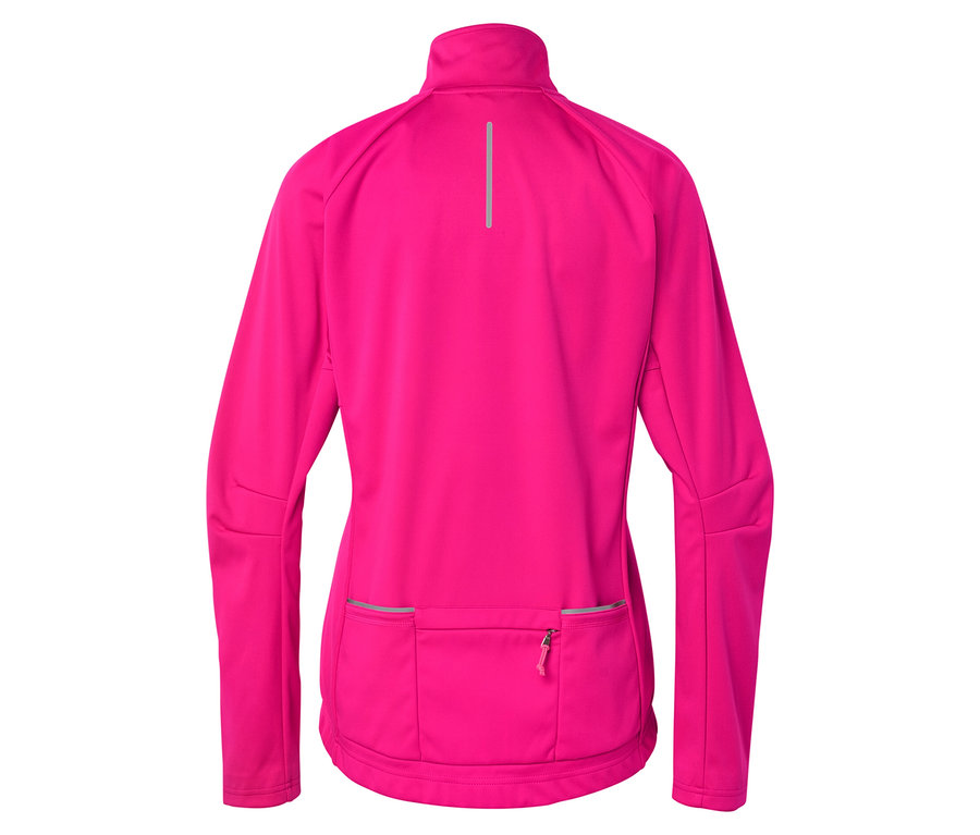 Vue arrière d'une veste de sport rose avec fermeture éclair intégrale et détail réfléchissant.