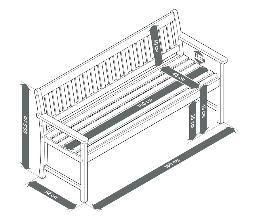 Vue de dessus d'un banc de jardin classique en teck (environ 160 cm) avec dimensions.