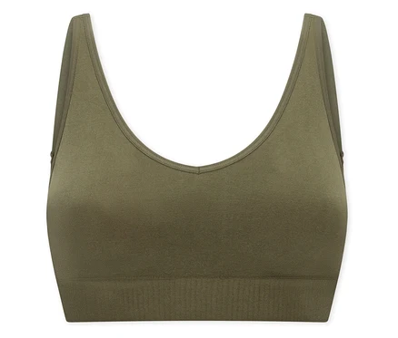 Soutien-gorge doux SCHIESSER vert olive avec coussinets, décolleté en V, larges bretelles et bande inférieure côtelée.