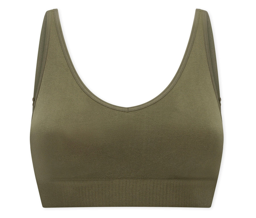 Soutien-gorge doux SCHIESSER vert olive avec coussinets, doté d'un décolleté en V et de larges bretelles.