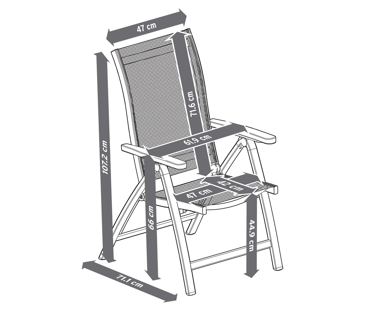 Image d'une chaise à dossier haut « Liska » avec dossier réglable, avec dimensions indiquées.