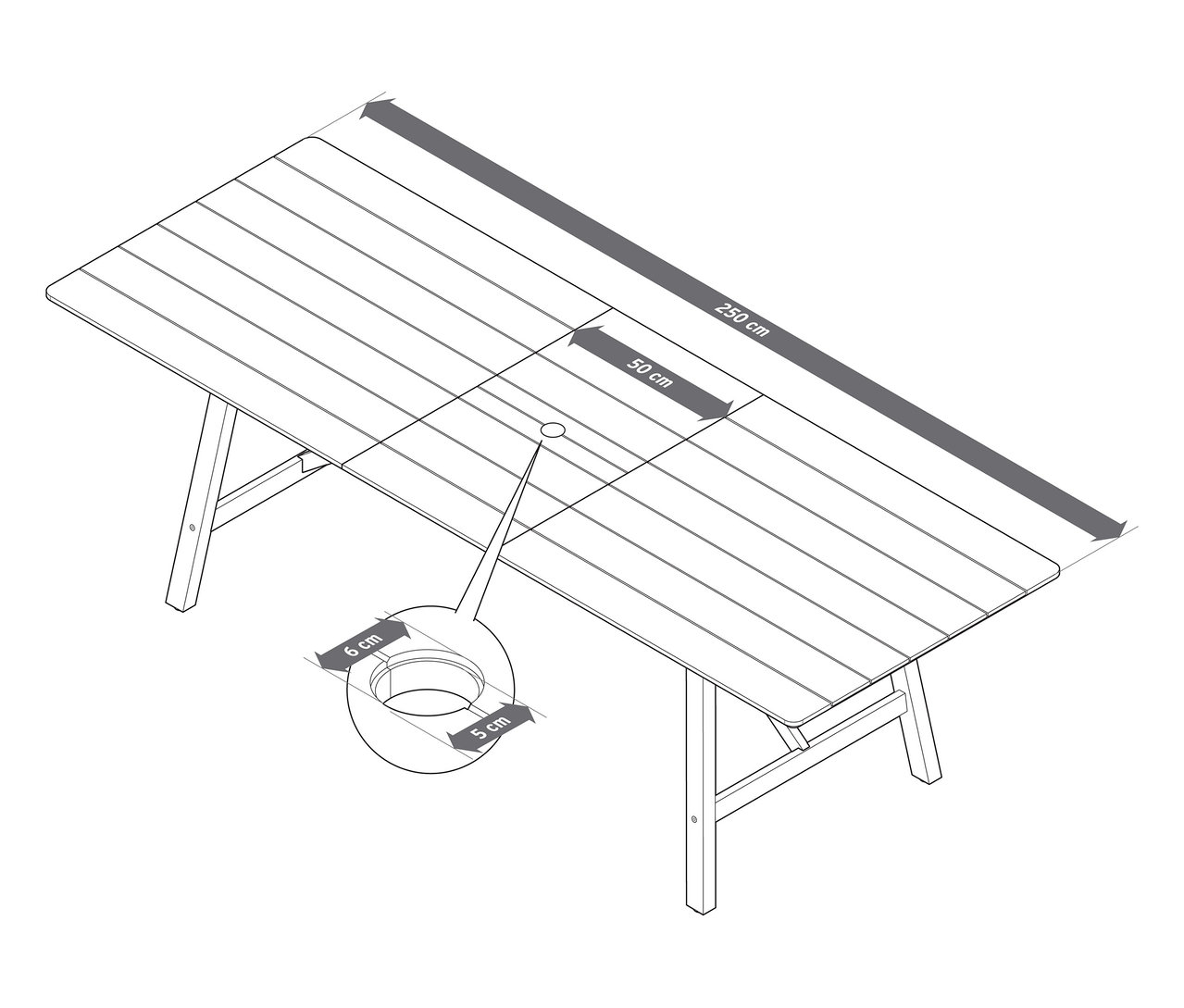 Vue de dessus d'une table de jardin à rallonges avec structure rustique, environ 200-250 cm, avec dimensions.