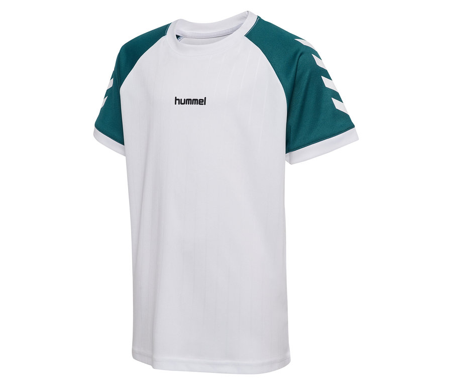 Le t-shirt hummel® HMLJR Stripe blanc a des manches vertes avec des rayures blanches.