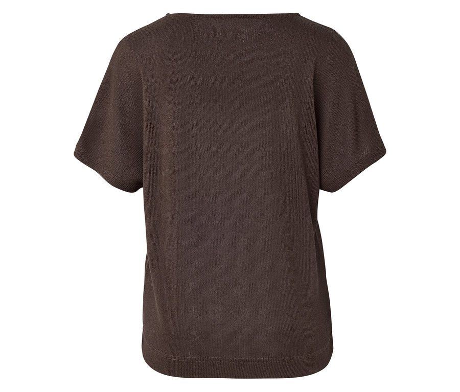 Vue arrière d'un pull en tricot marron à manches courtes et encolure bateau.