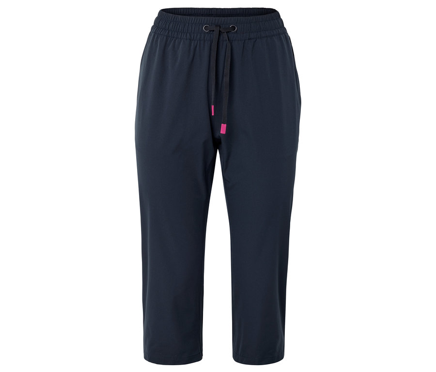Pantalon bleu foncé avec cordon de serrage et détails roses.