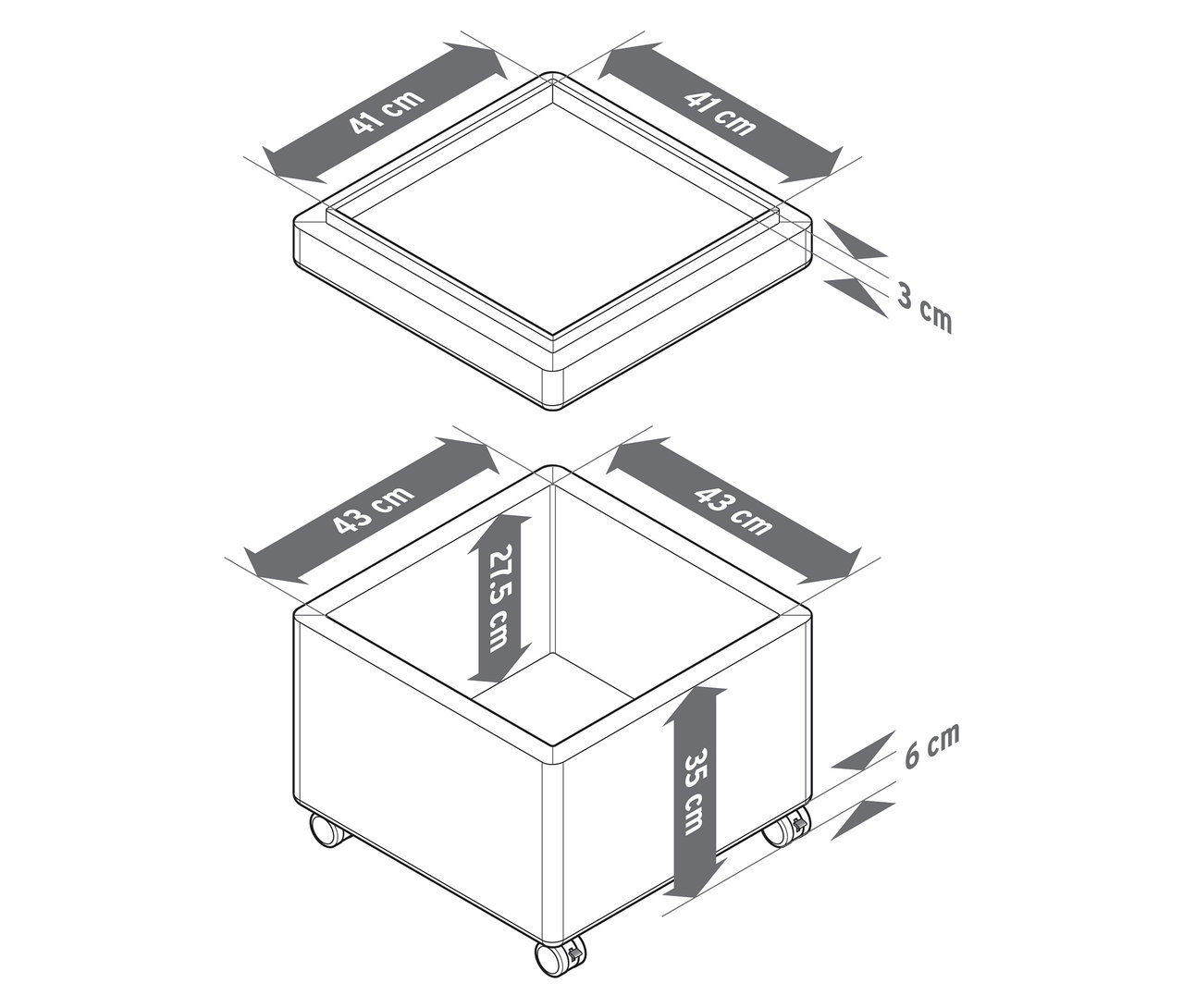 Vue de dessus et perspective d'un pouf à roulettes et tablette, chacun avec des dimensions en centimètres.