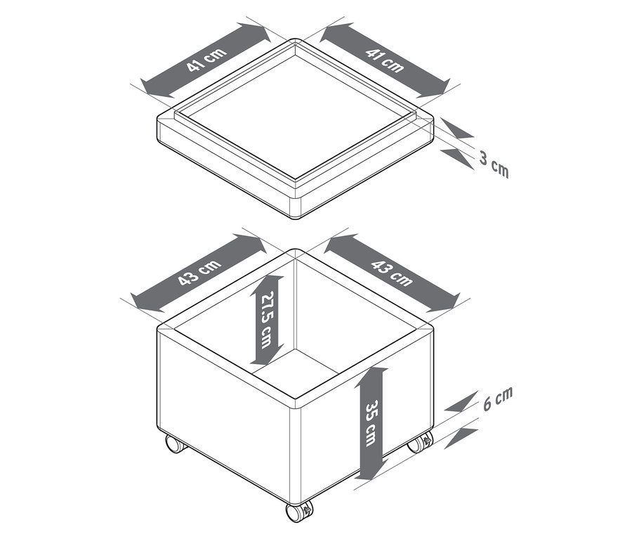 Vue de dessus et perspective d'un pouf à roulettes et tablette, chacun avec des dimensions en centimètres.